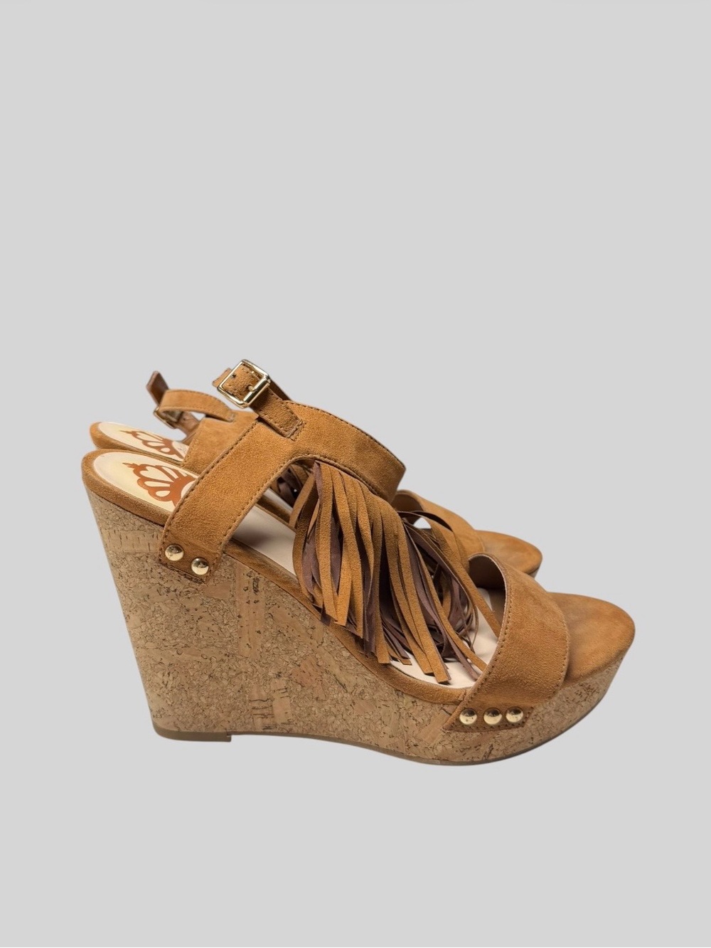 Fergalicious Tan Suede Fringe Cork Wedge Sandals - Picture 3 of 6